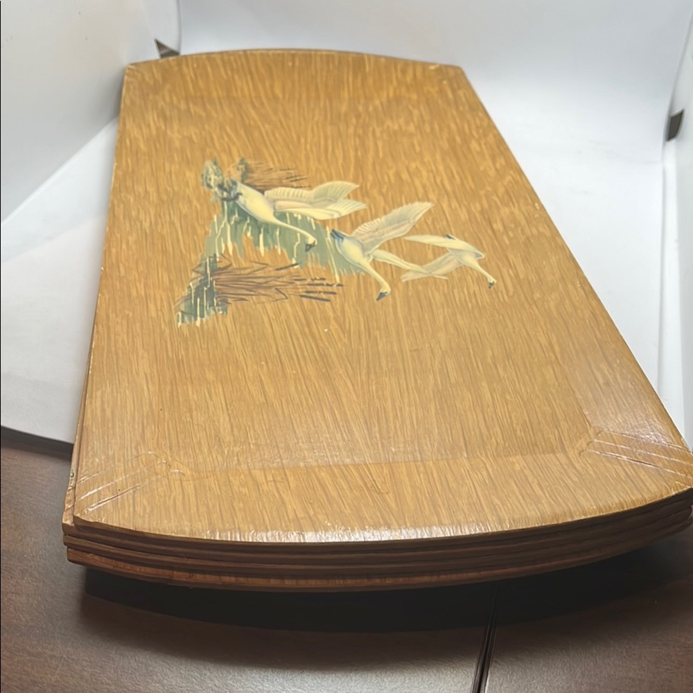 Vintage Coronet Wooden Serving Trays with Swan in Flight Design